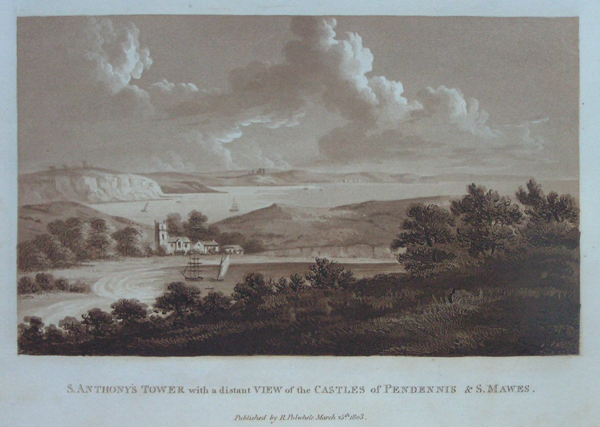 Aquatint - St. Anthony's Tower with a distant View of the Castles of Pendennis & St. Mawes